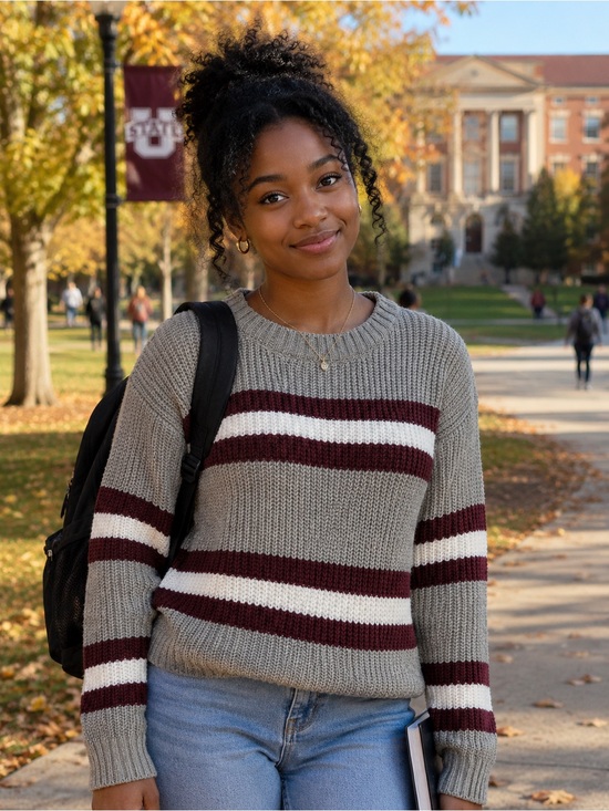 SO Sweaters - SO Gray Crewneck Sweater with Burgundy and White Stripes